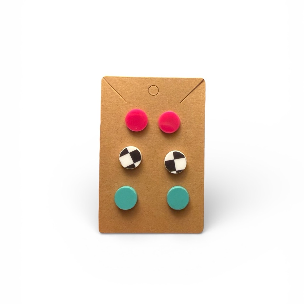 Colorful Checkerboard Turquoise Hot Pink Stud Earrings 3 Pair Set